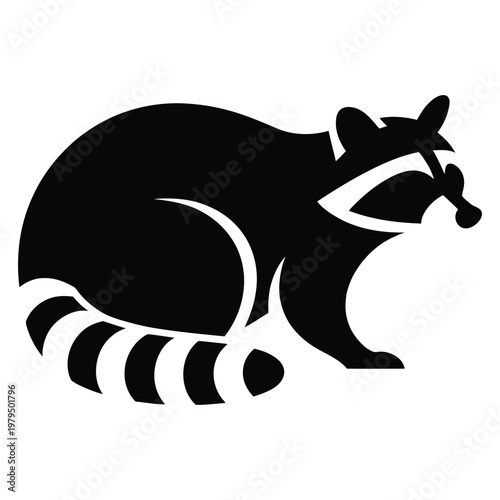A striking black silhouette depicts a raccoon foraging clutching a small object in its paws silhouette