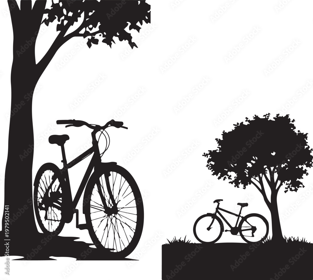 Fototapeta premium Bicycle silhouettes, bike icons, tree shadows, black illustrations, cycling graphics