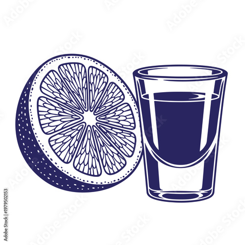 A dark blue, monochromatic of a sliced orange half next to a filled shot glass, featuring detailed line work and cross-hatching textures on a plain white background