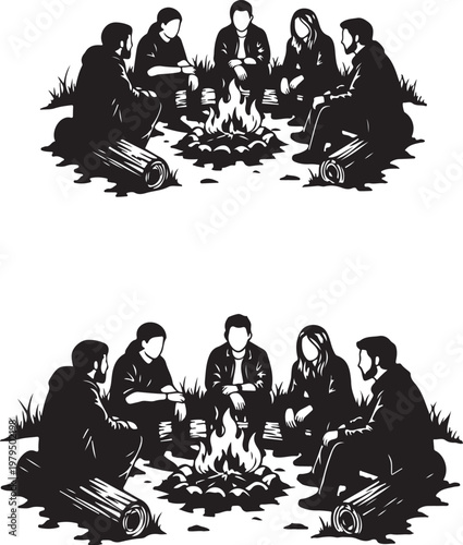 Campfire gatherings, people sitting around fire, black silhouette icons, outdoor social scenes, vector illustrations