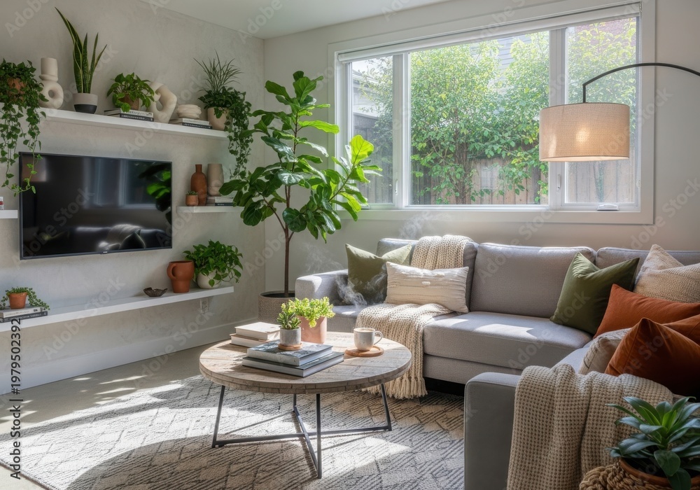 Fototapeta premium Modern living room with stylish seating and indoor plants