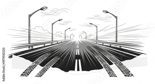 Empty Highway Road with Streetlights and Cloudy Sky.