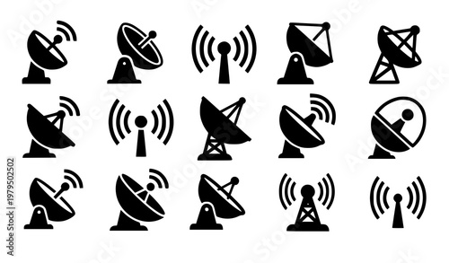 Satellite dish silhouette icon communication signal vector set