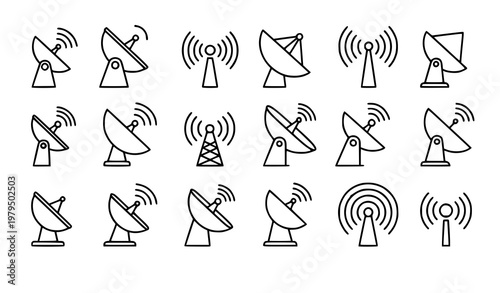 Satellite dish line icon set communication antenna vector collection