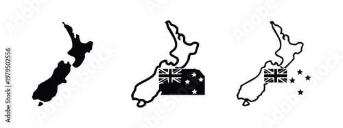 Bild auf Leinwand New Zealand Map Silhouette and Flags