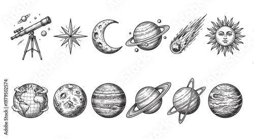 A collection of hand-drawn celestial elements including planets, the sun, moon, a comet, and a telescope against a white background.