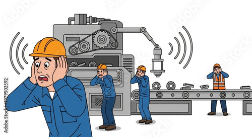 Factory workers covering ears due to loud noise from machinery.
