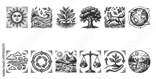 A collection of black and white hand-drawn icons and symbols representing nature, ecology, and environmental themes, perfect for illustrating sustainable living and conservation concepts.