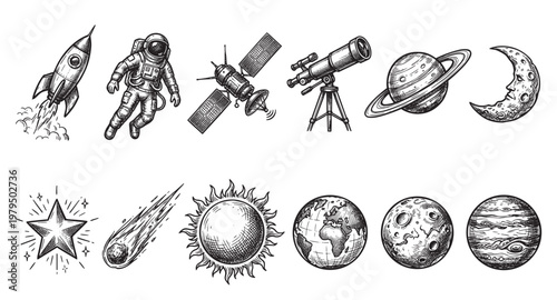 A hand-drawn black and white illustration set depicting various elements of space, astronomy, and science fiction, including rockets, astronauts, planets, and celestial bodies.
