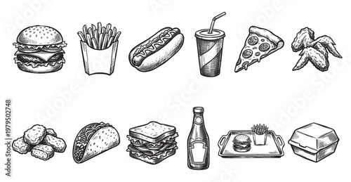 A vintage style ink sketch collection of popular fast food items including burgers, fries, pizza, hot dogs, tacos, and more on a white background.