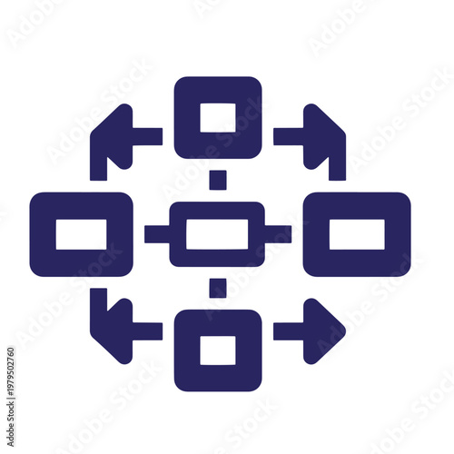 Dark blue featuring a central rectangle connected to four outer squares by lines, surrounded by four corner arrows pointing in a circular clockwise direction
