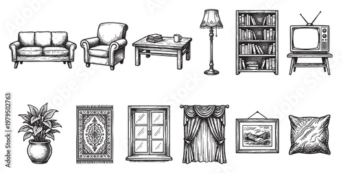 A collection of vintage home interior elements, including furniture, decor, and a plant, rendered in a classic black and white sketch style, perfect for retro design projects.