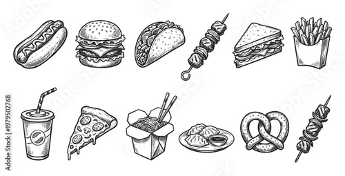 A black and white sketch of various fast food items including a hot dog, burger, taco, pizza, fries, noodles, dumplings, and drinks, perfect for graphic design and food-related projects.