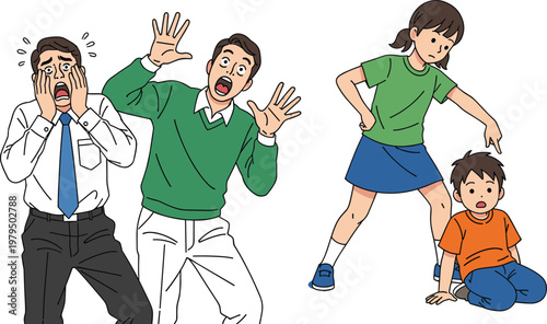 People Showing Fear and Aggressive Behavior Illustration with Scared Men and Bullying Scene for Social Awareness Concept