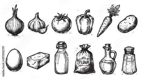 A vintage, hand-drawn illustration featuring a collection of common food ingredients including vegetables, egg, flour, oil, and spices, perfect for culinary themes.