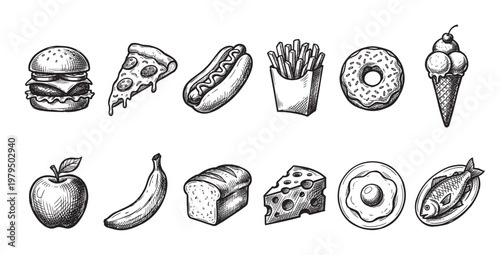 A collection of delicious food items illustrated in a hand-drawn sketch style, isolated on a white background, perfect for graphic design projects.
