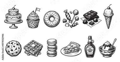 A vintage-style illustration featuring a variety of delicious desserts including cake, cupcakes, donuts, candies, chocolates, ice cream, cookies, waffles, macarons, pie, maple syrup, and pudding.