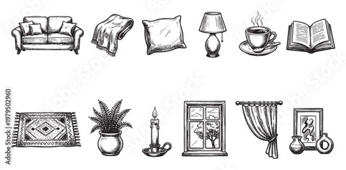 A hand-drawn collection of cozy home interior sketch elements, including a sofa, blanket, pillow, lamp, coffee cup, book, rug, plant, candle, window, curtain, and vases.