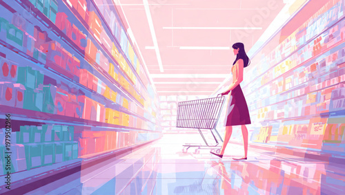 A woman shopping pushes a cart down an aisle in a colorful supermarket store interior scene.