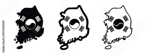 South Korea map with flag silhouette, outline, and thick outline