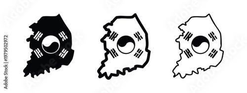 South Korea map with flag silhouette, outline, and thick outline