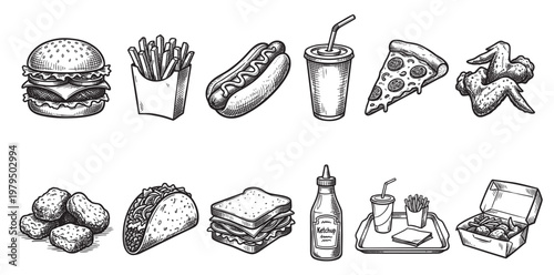 A collection of hand-drawn black and white icons representing various fast food items, perfect for menus, illustrations, or design projects.