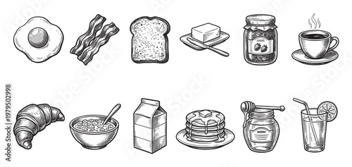 A collection of hand-drawn breakfast food icons including fried egg, bacon, toast, butter, jam, coffee, croissant, cereal, milk, pancakes, honey, and juice.