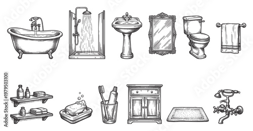 A detailed sketch of various vintage bathroom fixtures and accessories, including a bathtub, shower, sink, toilet, mirror, cabinet, shelves, soap, and towels, offering a classic aesthetic.