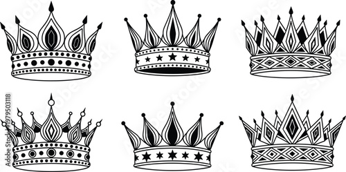 Collection of Black and White Crown Vector Outlines Featuring Detailed Royal Tiaras and Monarchy Headwear SilhouettesCollection of Black and White Crown Vector Outlines Featuring Detailed Royal Tiaras