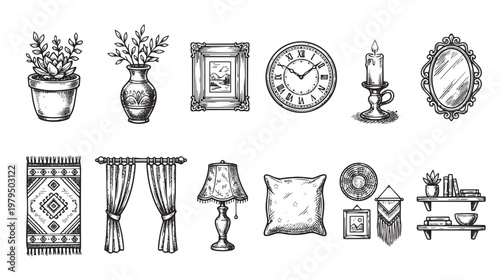 A hand-drawn illustration features a collection of interior design elements, including plants, a rug, curtains, a lamp, and artwork, perfect for illustrating home and lifestyle themes.