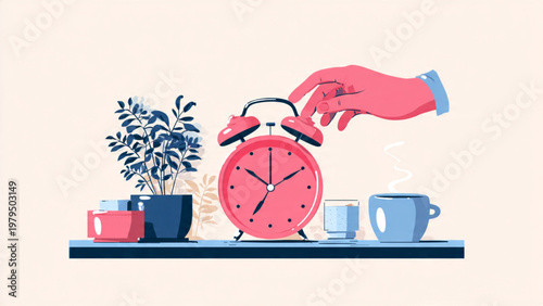 A hand turns off an alarm clock on a shelf with a plant and coffee cups.