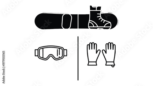 Snowboard gear essential set: A minimalist illustration of essential snowboarding gear, featuring a sleek snowboard with a boot, alongside goggles and a pair of gloves.