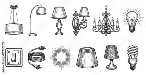 A collection of vintage style illustrations depicting various lighting fixtures and electrical components, perfect for design projects about illumination and energy.
