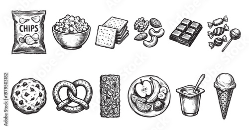 A collection of hand-drawn snack food items, including chips, popcorn, crackers, nuts, chocolate, candy, cookies, pretzels, granola bars, fruit, yogurt, and ice cream.