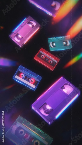 Several cassette tapes are seen drifting in a dark background. The tapes are in multiple colors and arranged in a dynamic way. Bright lights, in various shades. 80s retrowave style