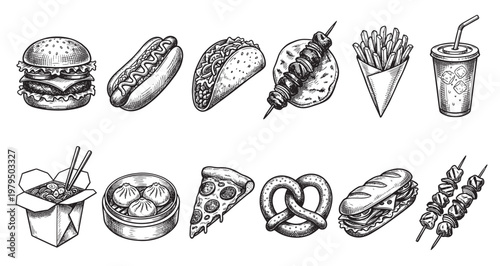 A charming hand-drawn illustration featuring a variety of popular fast food items, including a burger, hot dog, taco, skewers, fries, drink, noodles, dumplings, pizza, pretzel, and sandwich.