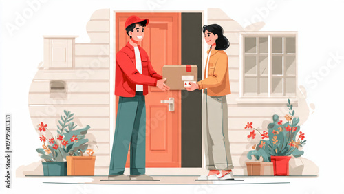 Package delivery service courier handing over a parcel to a customer at the doorstep of a house