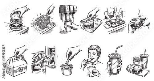 A series of black and white illustrations depicting the entire fast food journey from preparation and cooking to ordering and enjoyment.