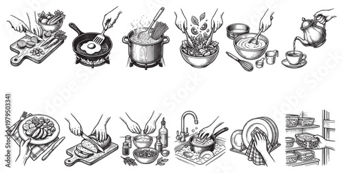 A detailed linocut style illustration depicting various kitchen activities from food preparation and cooking to dishwashing and food storage in a refrigerator.