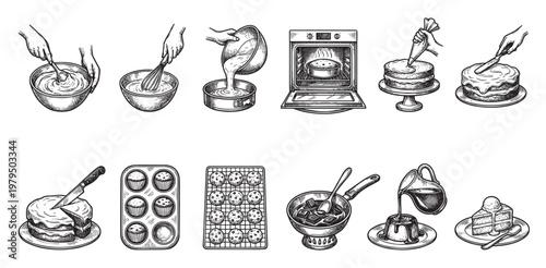 This vintage-style illustration set depicts the steps of baking and decorating cakes and desserts from mixing ingredients to serving.