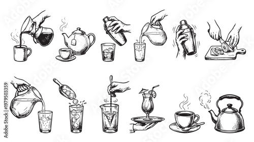 Collection of hand-drawn sketch icons illustrating various beverage making processes like pouring coffee, tea, mixing cocktails, and preparing garnishes.