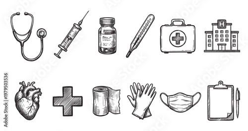 A hand-drawn collection of medical icons, including a stethoscope, syringe, medicine bottle, thermometer, first aid kit, hospital, heart, cross, bandage, gloves, mask, and clipboard.