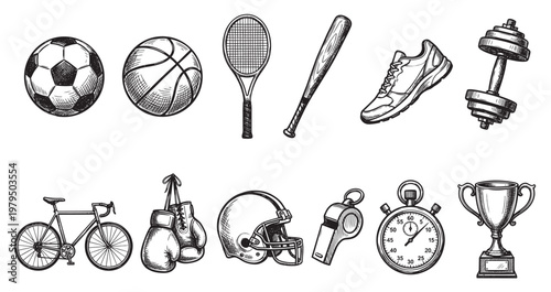 A hand-drawn collection of various sports equipment icons including a soccer ball, basketball, tennis racket, baseball bat, running shoe, dumbbell, bicycle, boxing gloves, football helmet.