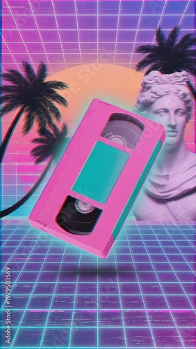 Classic retro wave background, video casset, neon lights 