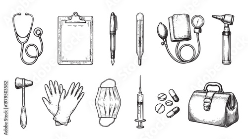 A detailed black and white sketch showcases various medical instruments and healthcare tools arranged in a collage, evoking a sense of scientific precision and care.