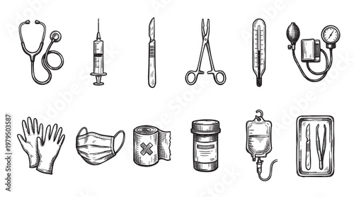 A hand-drawn black and white illustration of medical equipment, including a stethoscope, syringe, scalpel, forceps, thermometer, blood pressure cuff, gloves, mask, bandage, medicine bottle, IV bag.