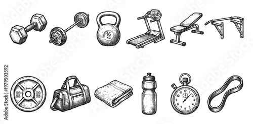 A collection of black and white sketched gym equipment icons including dumbbells, kettlebell, treadmill, bench, pull-up bar, weight plate, bag, towel, bottle, stopwatch, and resistance band.