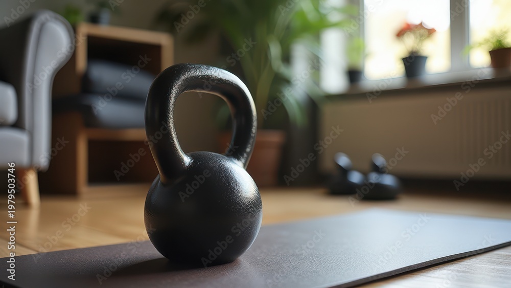 Obraz premium single kettlebell on sport mat at home workout fitness training concept