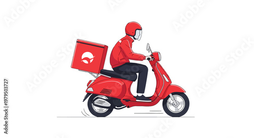 Red delivery scooter vector illustration, courier riding motorbike with cargo box, fast food shipping service on moped, express transport logistics concept