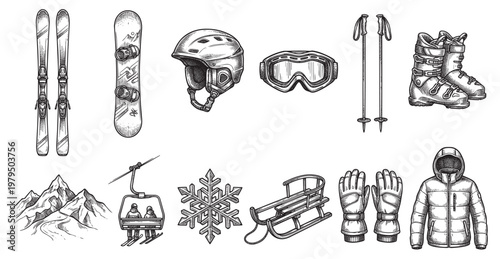 This is a black and white line art illustration featuring a collection of winter sports equipment, including skis, snowboard, helmet, goggles, poles, boots, a sled, gloves, a jacket, mountains.